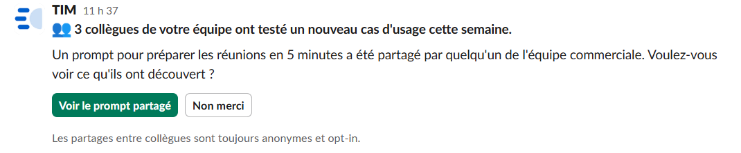 TIM dans Slack — exemple d'interaction courte envoyée directement dans l'outil de travail du salarié