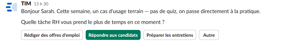 Conversation TIM dans Slack — exemple de mission personnalisée envoyée à un salarié